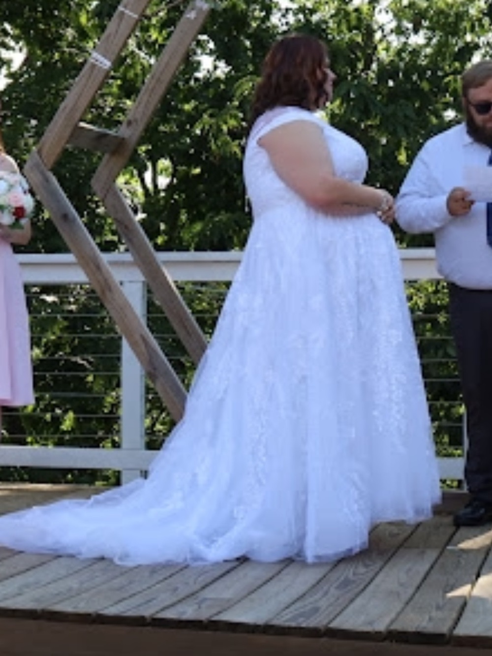David's Bridal White Lace Short-Sleeve A-Line Wedding Gown